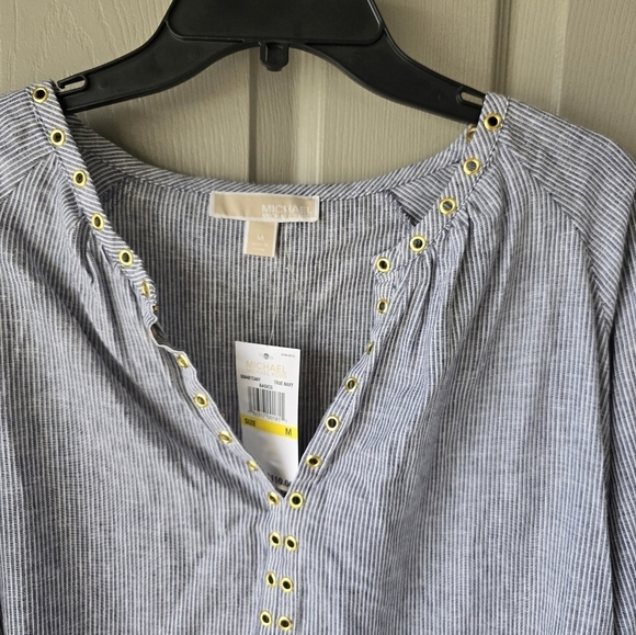 $110 Michael Kors Linen Blend Blouse Sz M White Blue Women Striped 3/4 Sleeves - Picture 4 of 13